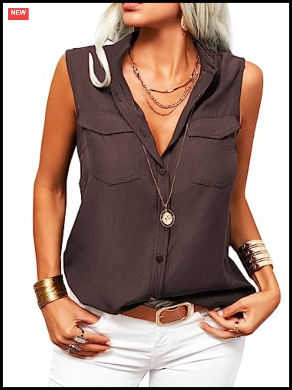 Veatzaer Womens Lapel Sleeveless Tank Top Button Down Office Shirt